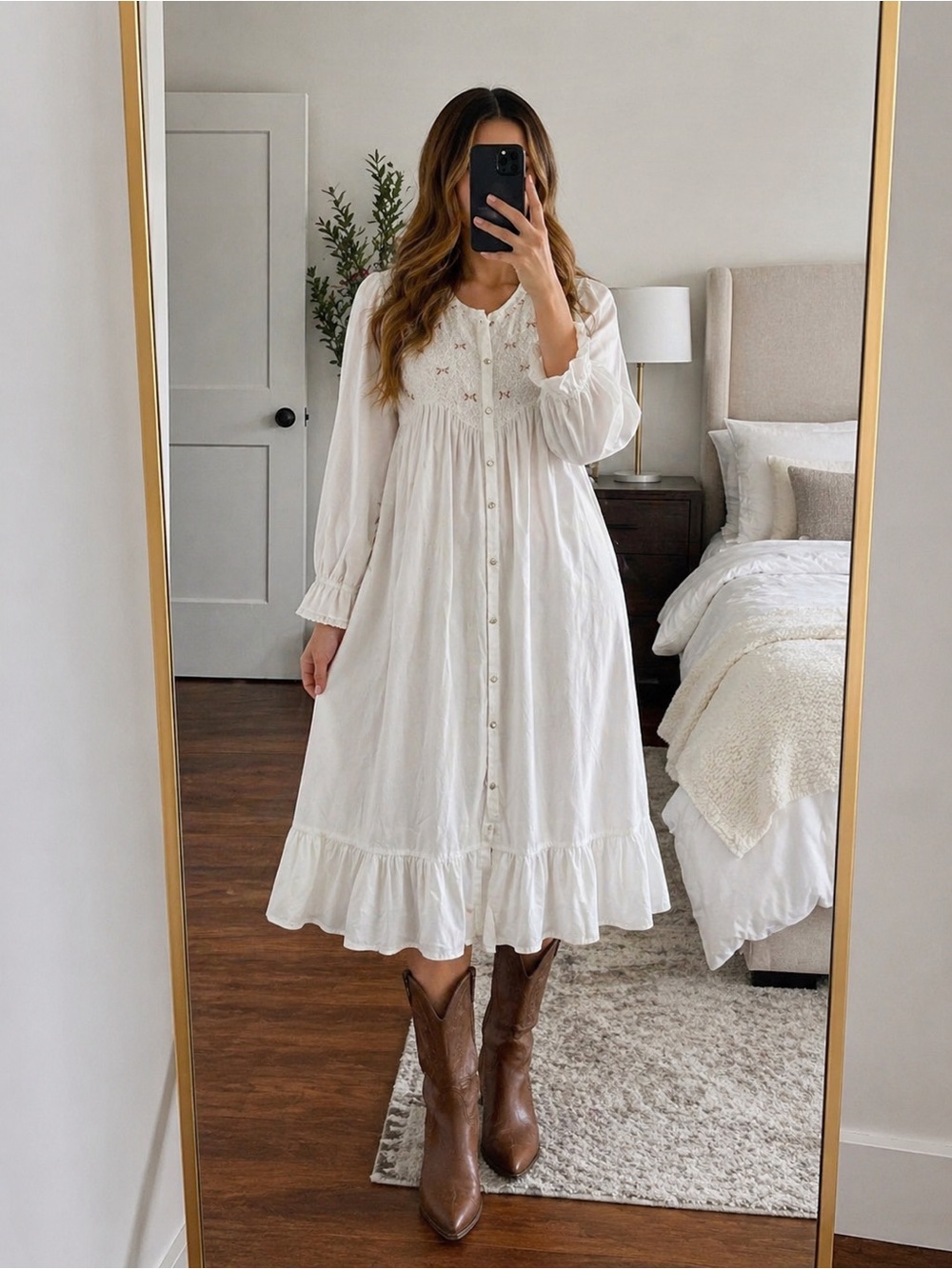 Victoriana White Cotton‎ Prairie Dress Women M Cottagecore Coquette Lace Boho